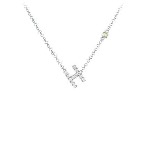 Pavé H Initial Necklace with Satellite Gemstone – Sterling Silver with White Premium Zirconia and Peridot