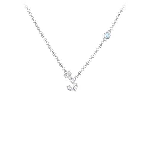 Pavé J Initial Necklace with Satellite Gemstone – Sterling Silver with White Premium Zirconia and Blue Topaz