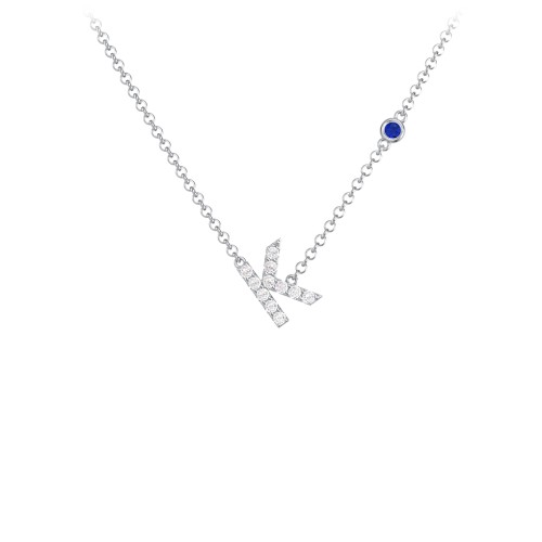 Pavé K Initial Necklace with Satellite Gemstone – Sterling Silver with White Premium Zirconia and Blue Sapphire