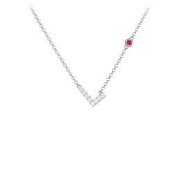 Pavé L Initial Necklace with Satellite Gemstone in 925 Sterling Silver with White Premium Zirconia and Ruby