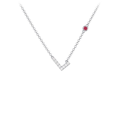 Pavé L Initial Necklace with Satellite Gemstone – Sterling Silver with White Premium Zirconia and Ruby