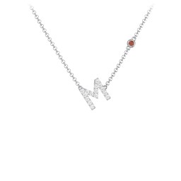 Pavé M Initial Necklace with Satellite Gemstone in 925 Sterling Silver with White Premium Zirconia and Garnet