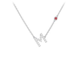 Pavé M Initial Necklace with Satellite Gemstone in 925 Sterling Silver with White Premium Zirconia and Garnet