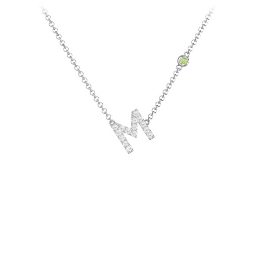 Pavé M Initial Necklace with Satellite Gemstone – Sterling Silver with White Premium Zirconia and Peridot