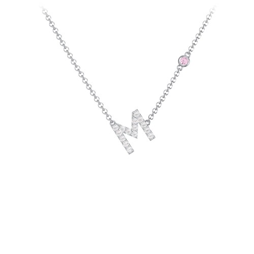 Pavé M Initial Necklace with Satellite Gemstone – Sterling Silver with White Premium Zirconia and Pink Tourmaline