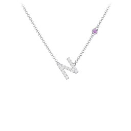 Pavé N Initial Necklace with Satellite Gemstone in 925 Sterling Silver with White Premium Zirconia and Amethyst