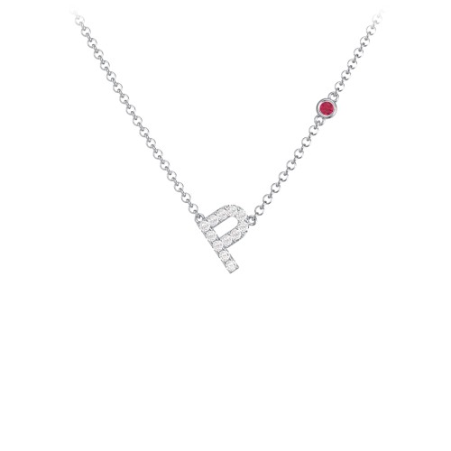 Pavé P Initial Necklace with Satellite Gemstone – Sterling Silver with White Premium Zirconia and Ruby