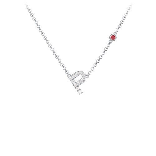 Pavé P Initial Necklace with Satellite Gemstone – Sterling Silver with White Premium Zirconia and Garnet