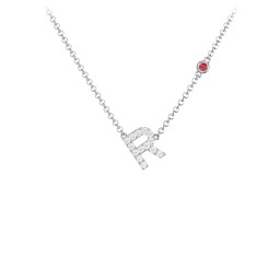 Pavé R Initial Necklace with Satellite Gemstone in 925 Sterling Silver with White Premium Zirconia and Garnet