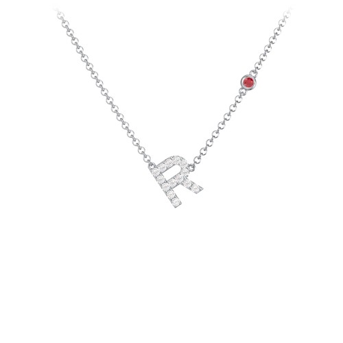 Pavé R Initial Necklace with Satellite Gemstone – Sterling Silver with White Premium Zirconia and Garnet