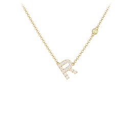 Pavé R Initial Necklace with Satellite Gemstone in 10K Solid Yellow Gold with White Premium Zirconia and Peridot