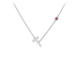Pavé T Initial Necklace with Satellite Gemstone in 925 Sterling Silver with White Premium Zirconia and Garnet