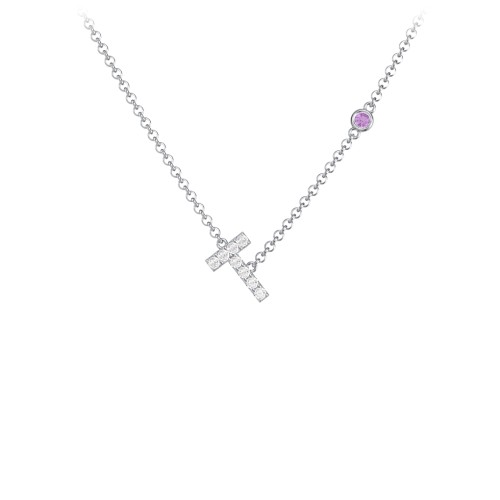 Pavé T Initial Necklace with Satellite Gemstone – Sterling Silver with White Premium Zirconia and Amethyst