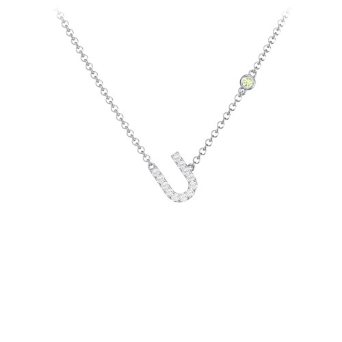 Pavé U Initial Necklace with Satellite Gemstone – Sterling Silver with White Premium Zirconia and Peridot