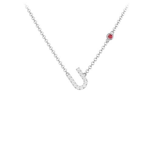 Pavé U Initial Necklace with Satellite Gemstone – Sterling Silver with White Premium Zirconia and Garnet