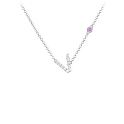 Pavé V Initial Necklace with Satellite Gemstone in 925 Sterling Silver with White Premium Zirconia and Amethyst