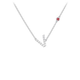 Pavé V Initial Necklace with Satellite Gemstone in 925 Sterling Silver with White Premium Zirconia and Garnet