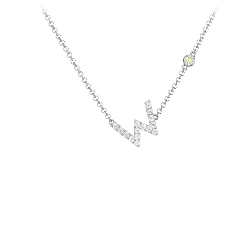 Pavé W Initial Necklace with Satellite Gemstone – Sterling Silver with White Premium Zirconia and Peridot