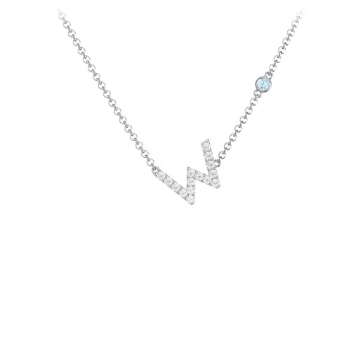 Pavé W Initial Necklace with Satellite Gemstone – Sterling Silver with White Premium Zirconia and Blue Topaz