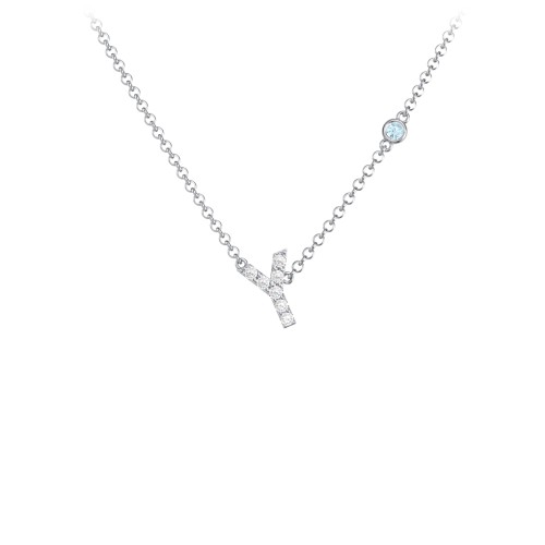 Pavé Y Initial Necklace with Satellite Gemstone – Sterling Silver with White Premium Zirconia and Blue Topaz