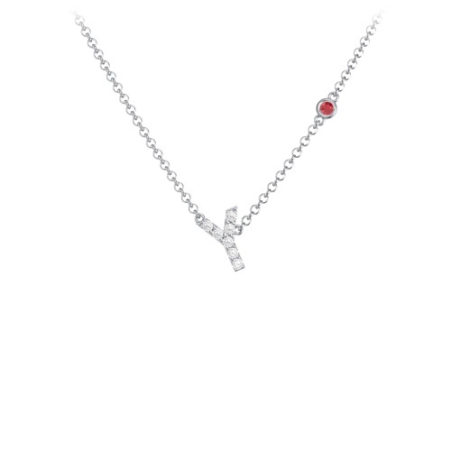 Pavé Y Initial Necklace with Satellite Gemstone – Sterling Silver with White Premium Zirconia and Garnet