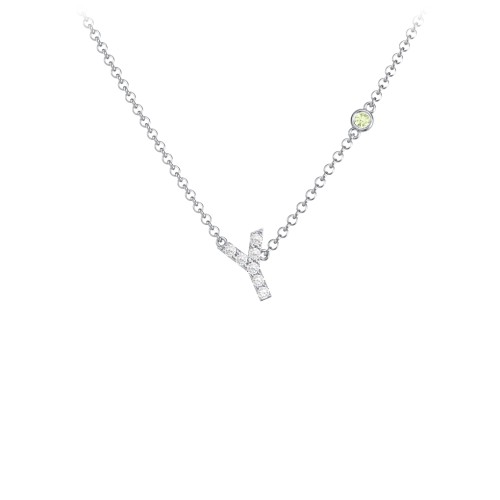 Pavé Y Initial Necklace with Satellite Gemstone – Sterling Silver with White Premium Zirconia and Peridot