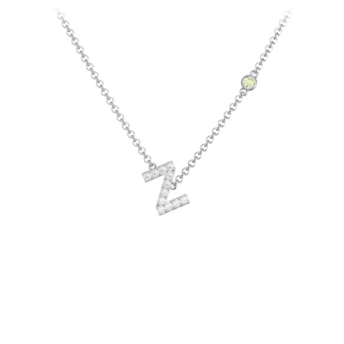 Pavé Z Initial Necklace with Satellite Gemstone – Sterling Silver with White Premium Zirconia and Peridot