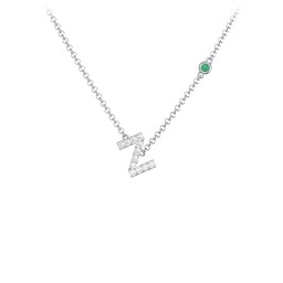 Pavé Z Initial Necklace with Satellite Gemstone in 925 Sterling Silver with White Premium Zirconia and Emerald