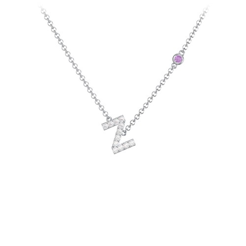 Pavé Z Initial Necklace with Satellite Gemstone – Sterling Silver with White Premium Zirconia and Amethyst