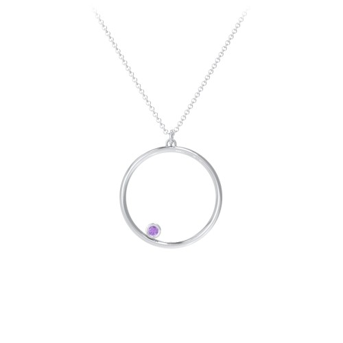 Open Circle Necklace with 1 Birthstone – Sterling Silver with Amethyst