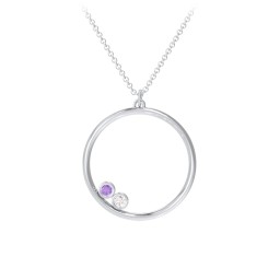 Open Circle Necklace with 2 Birthstones in 925 Sterling Silver with Amethyst and Cubic Zirconia