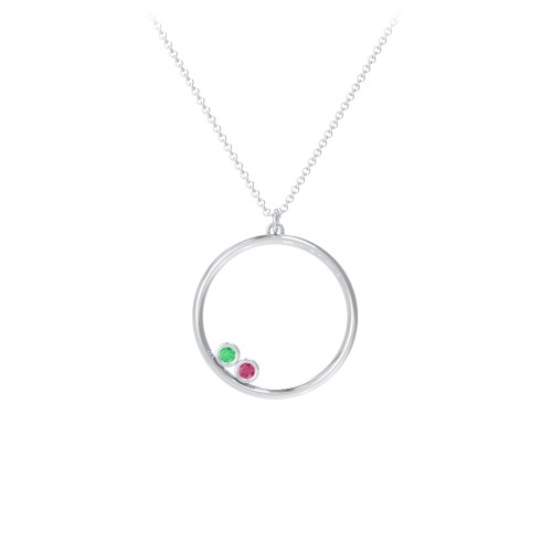 Open Circle Necklace with 2 Birthstones – Sterling Silver with Emerald and Ruby