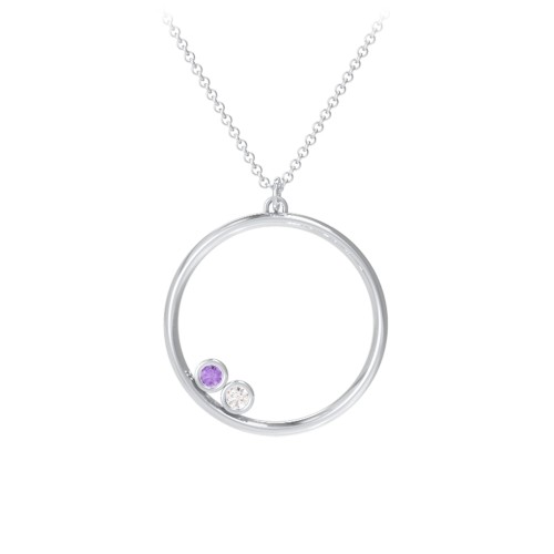 Open Circle Necklace with 2 Birthstones – Sterling Silver with Amethyst and Cubic Zirconia