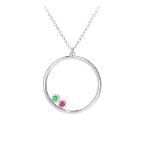Open Circle Necklace with 2 Birthstones – Sterling Silver with Emerald and Ruby