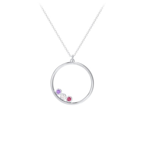 Open Circle Necklace with 3 Birthstones – Sterling Silver with Amethyst, Cubic Zirconia, and Ruby