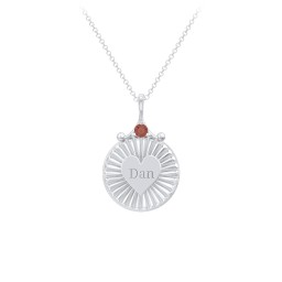 Engravable Sunburst Heart Necklace with Gemstone in 925 Sterling Silver with Garnet