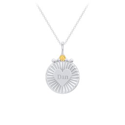 Engravable Sunburst Heart Necklace with Gemstone in 925 Sterling Silver with Citrine