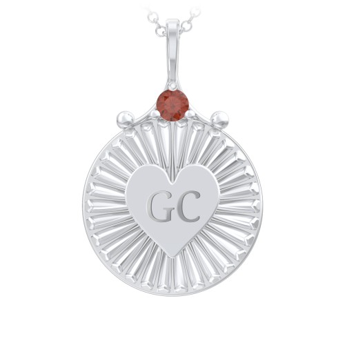 Engravable Sunburst Heart Necklace with Gemstone – Sterling Silver with Garnet