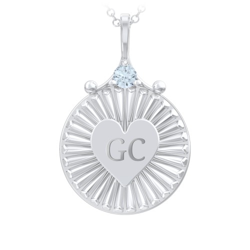 Engravable Sunburst Heart Necklace with Gemstone – Sterling Silver with Aquamarine