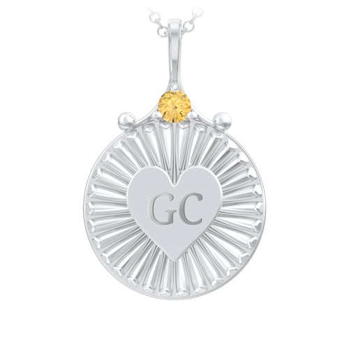 Engravable Sunburst Heart Necklace with Gemstone – Sterling Silver with Citrine