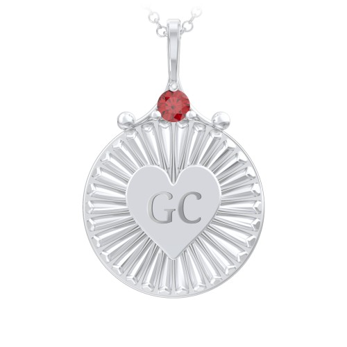 Engravable Sunburst Heart Necklace with Gemstone – Sterling Silver with Garnet