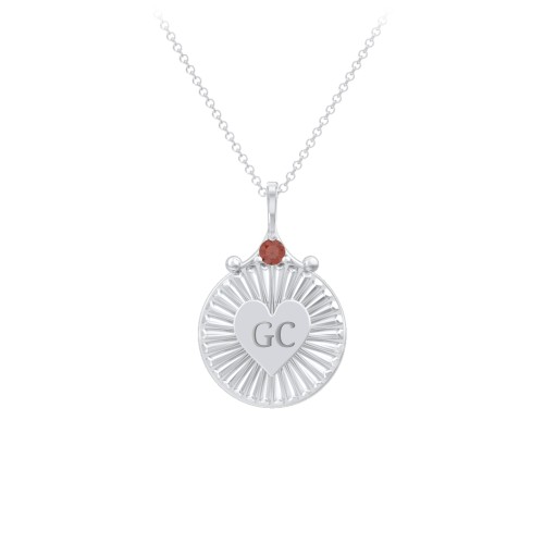Engravable Sunburst Heart Necklace with Gemstone – Sterling Silver with Garnet