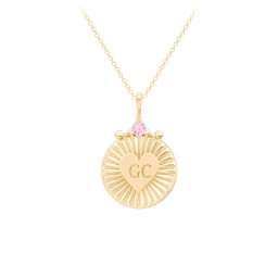 Engravable Sunburst Heart Necklace with Gemstone in 10K Solid Yellow Gold with Pink Tourmaline