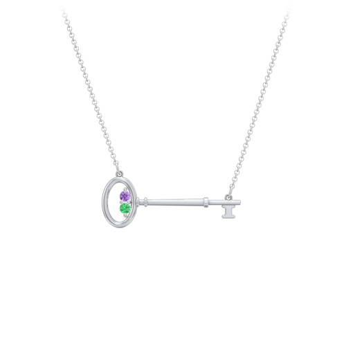 Horizontal Key Necklace with Gemstones – Sterling Silver with Amethyst and Emerald