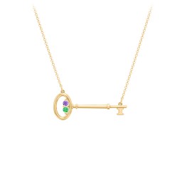 Horizontal Key Necklace with Gemstones in 10K Solid Yellow Gold with Amethyst Premium Zirconia and Emerald