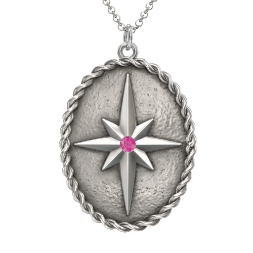 Engravable North Star Medallion Necklace with Accent Stone – Sterling Silver with Ruby