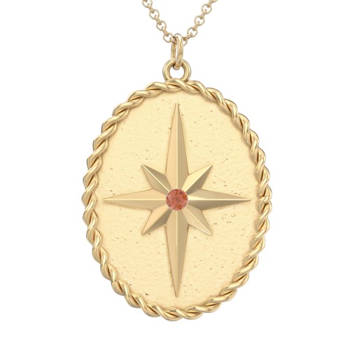 Engravable North Star Medallion Necklace with Accent Stone – 10K Yellow Gold with Garnet
