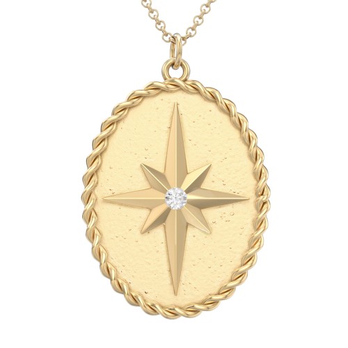 Engravable North Star Medallion Necklace with Accent Stone – 10K Yellow Gold with Cubic Zirconia