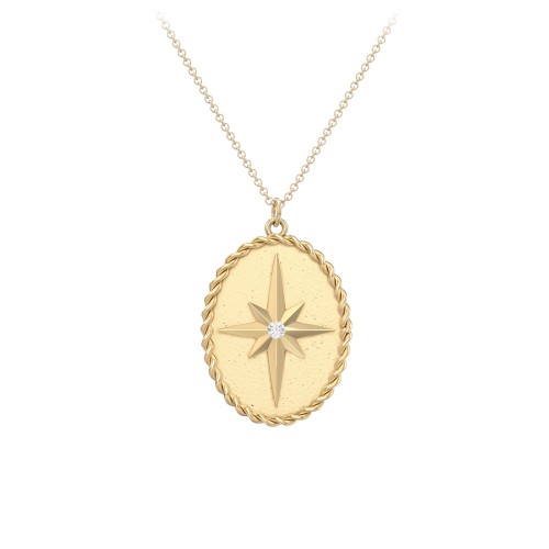 Engravable North Star Medallion Necklace with Accent Stone – 10K Yellow Gold with Cubic Zirconia