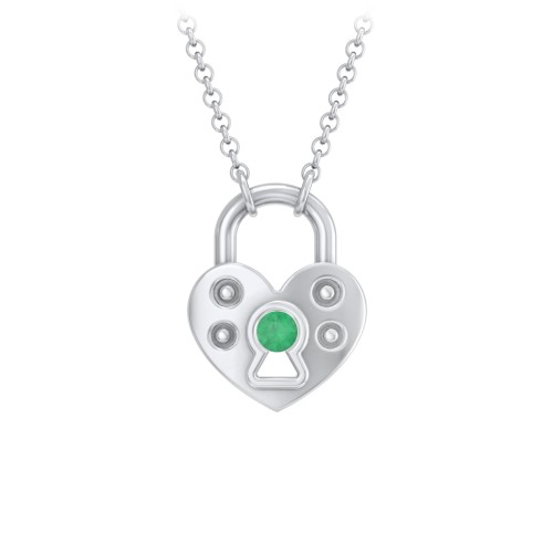 Heart Padlock Necklace with Gemstone Keyhole – Sterling Silver with Emerald